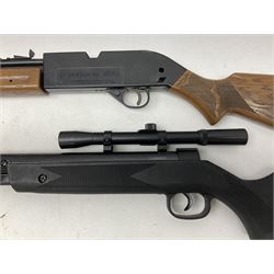 Crosman 760 .177 cal. Junior air rifle with under lever faux pump action and simulated wooden fittings; serial no.278047476, L90cm overall; and SMK B1 Synthetic .22 cal. Youth's air rifle with break-barrel action and 4 x 20 scope; serial no.1721229956084915F, L98.5cm overall (2)  NB: AGE RESTRICTIONS APPLY TO THE PURCHASE OF AIR WEAPONS.