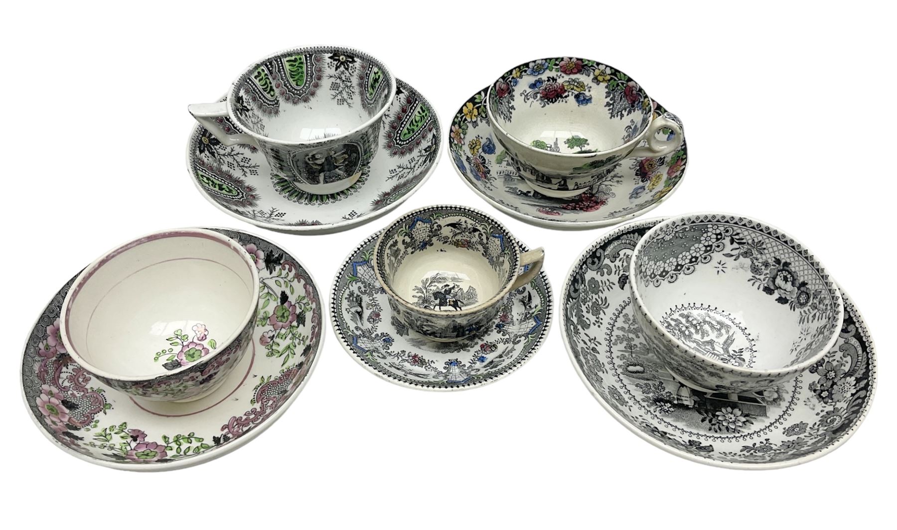 Collection of 19th century tea wares by William Smith & Co, decorated in various patterns including Cupid, Tally Ho and Fountain 