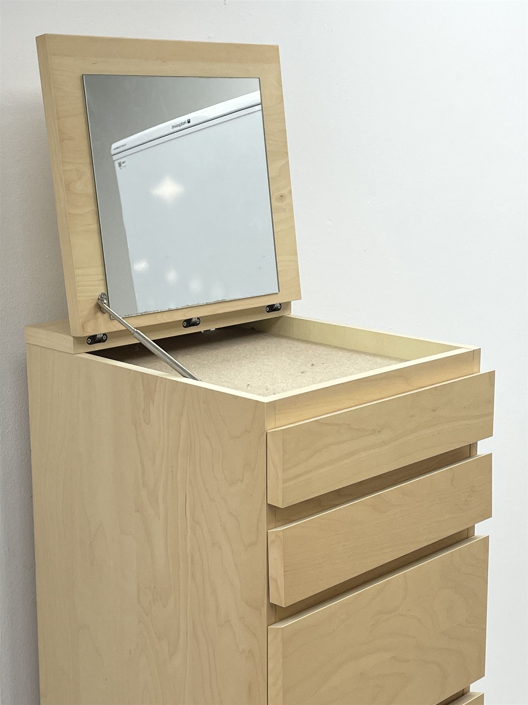 Narrow Ikea Cherry effect chest,  single hinged top above six graduating drawers