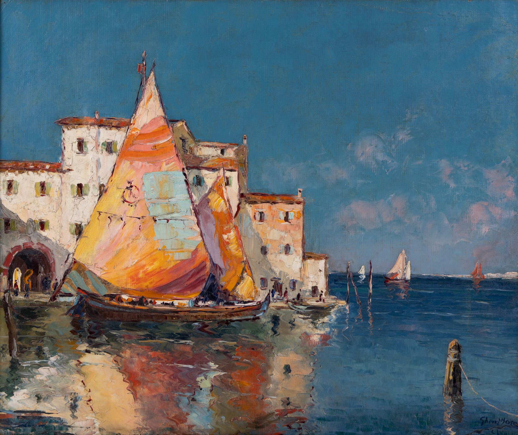 Bruno Gherri-Moro (Italian 1899-1967): Sail Boats at 'Chioggia', oil on canvas signed and titled 45cm x 54cm