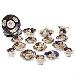 Collection of early 19th century Coalport pattern tea ware decorated with panels of flower...