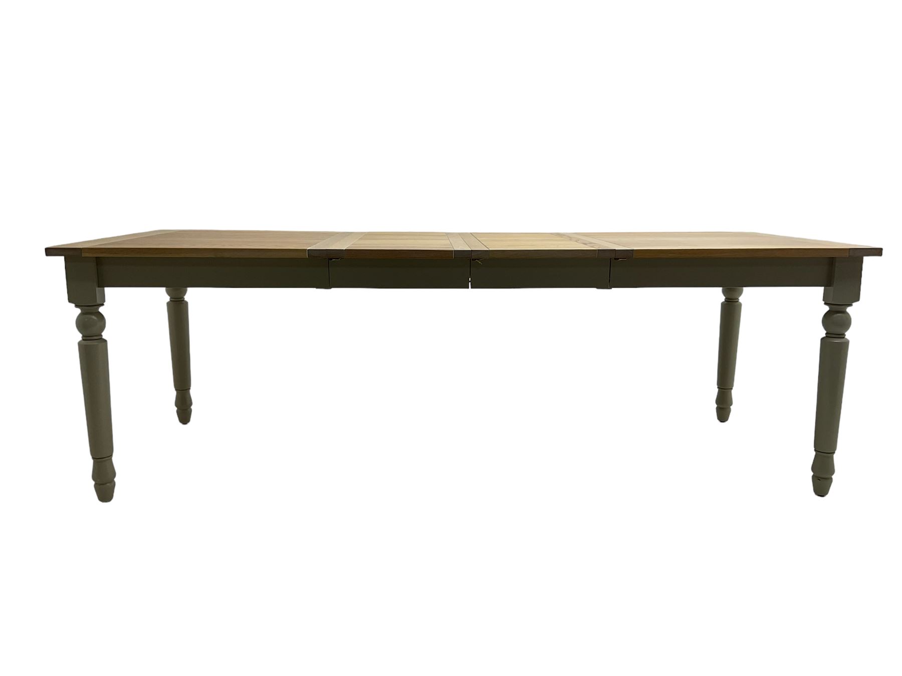 Neptune Furniture - 'Suffolk' oak dining table, pull-out extending top with two additional leaves, on turned supports, in grey paint and wax finish 