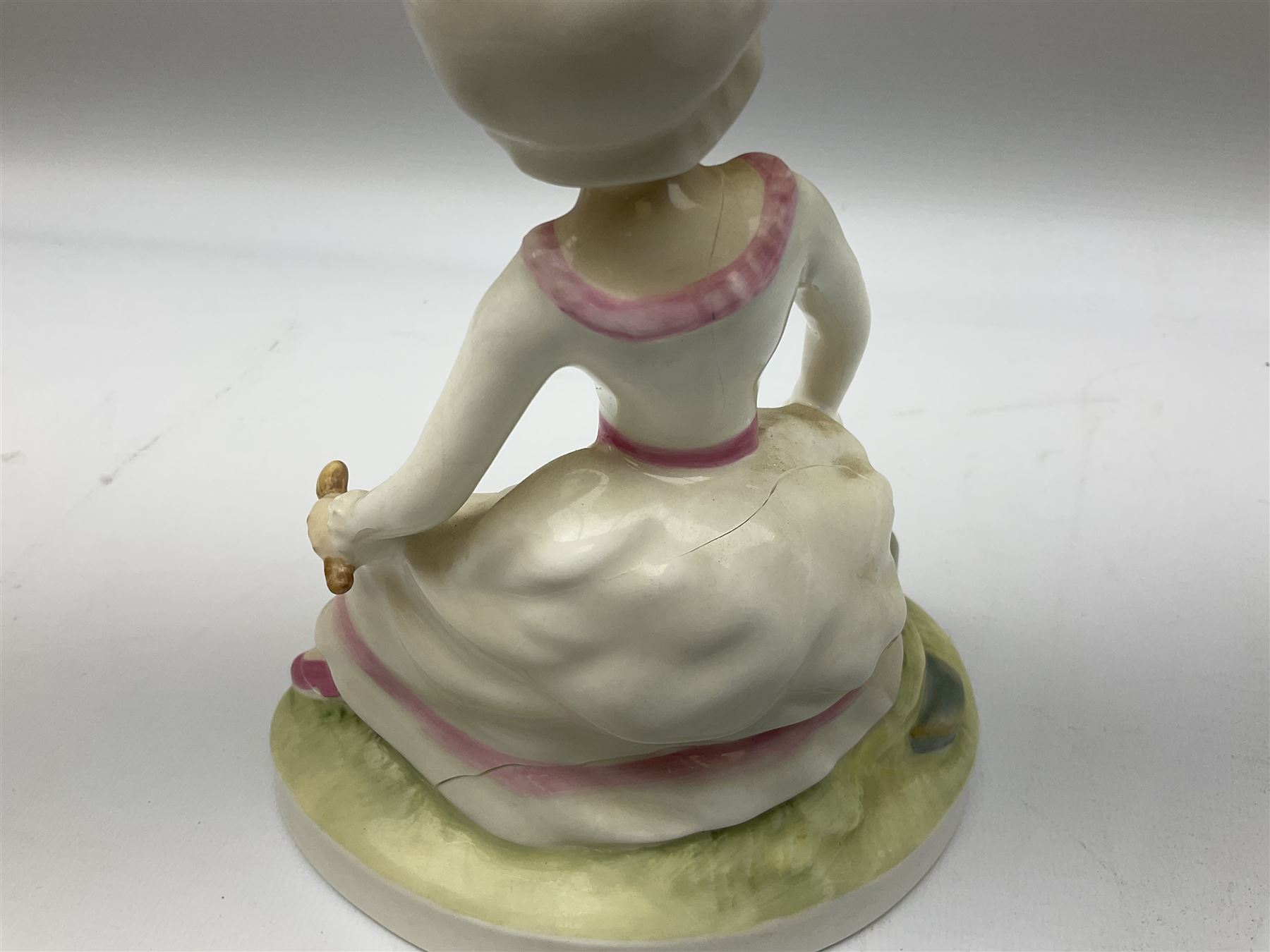 Seven Royal Doulton figures from the Nursery Rhymes Collection comprising, Tom Tom, the piper's son HN3032, Little Jack Horner HN3034, Wee Willie Winkie HN3031, Polly, put the kettle on HN3021, Little Bo-peep HN3030, Little Boy Blue HN3035, Little Miss Muffet HN2727, together with two Royal Doulton Mary had a little lamb figures HN2048 and COPR1948, all with printed marks beneath  