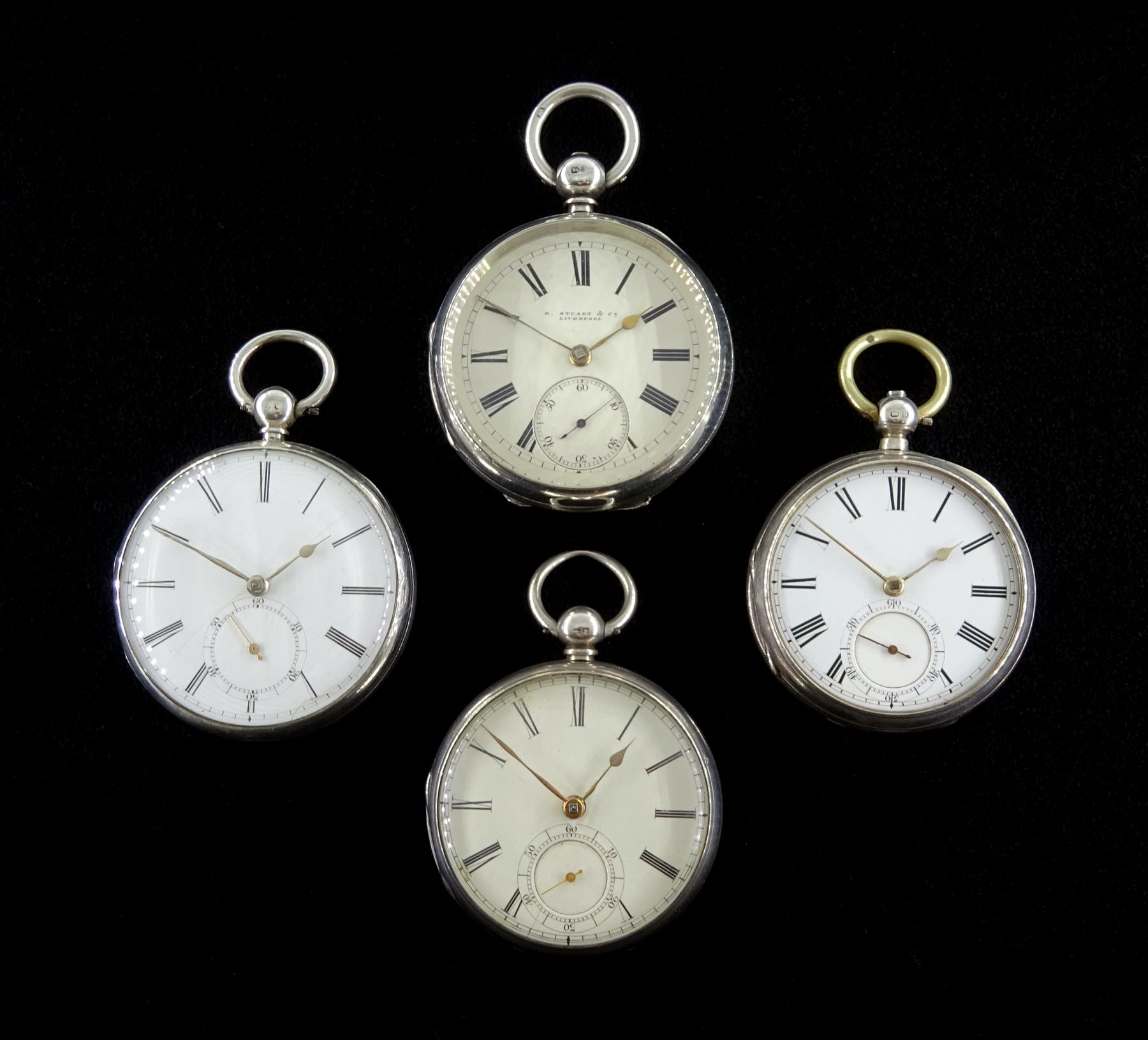 Four Victorian silver open face English lever fusee pocket watches by Horatio Smith and Robertson both London, T Graham, Cockermouth and A Routledge, Carlisle, all with engraved balance cocks and diamond endstones, white enamel dials with Roman numerals and subsidiary seconds dials, hallmarked (4)
