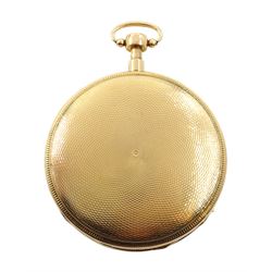 19th century French 18ct gold open face key wound musical repeating cylinder pocket watch, circa 1820, movement not signed, the gilt metal dust cover spuriously signed 'Musique Breguet A Paris No.3205', gilt dial with Roman numerals, plunge repeat in the pendant, engine turned back case 