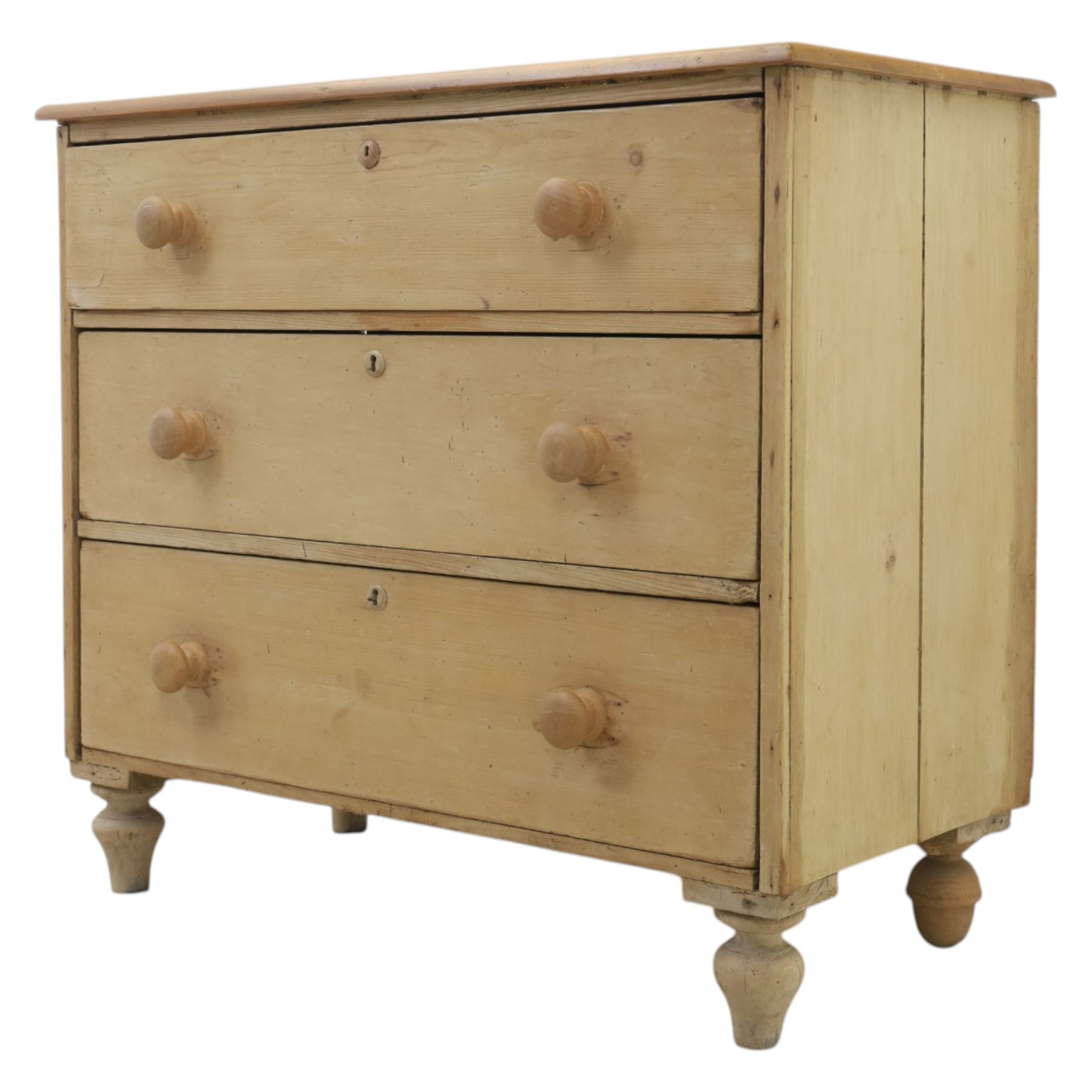 Victorian stripped pine chest, fitted with three drawers, turned wooden handles, raised on turned legs
