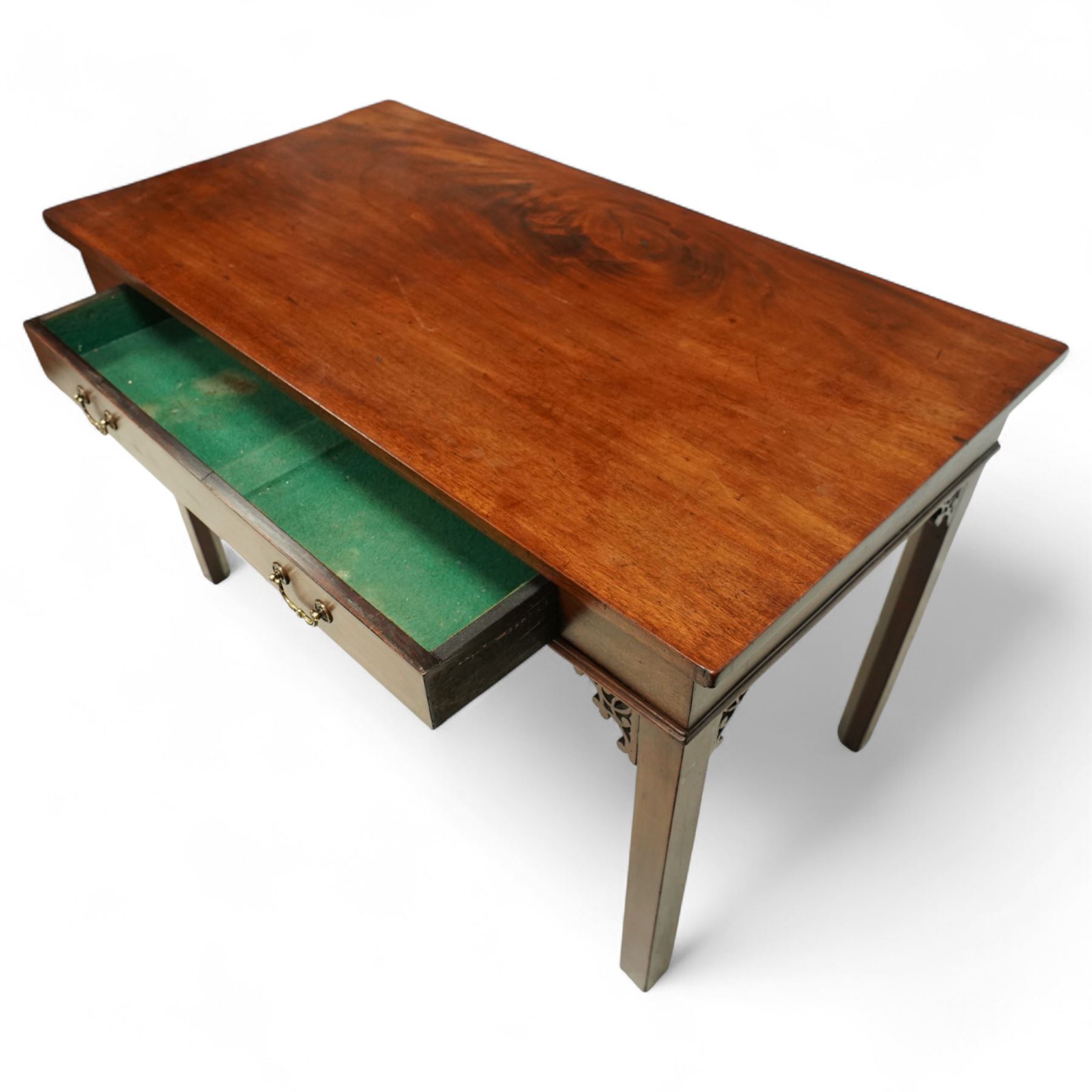 Late 18th century mahogany serving table, rectangular top over single frieze drawer with brass swing handles, pierced fretwork brackets, on square supports