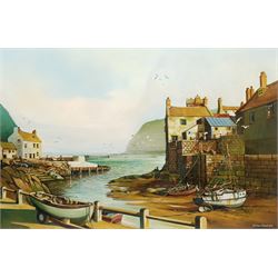 D J Strickland (British 20th century): Staithes from Cowbar Bank, oil on canvas signed and dated 1970, 59cm x 90cm