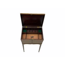Regency period inlaid mahogany work box stand, hinged lid enclosing fitted interior over inlaid front and single drawer, fitted with two carrying handles, shaped apron on splayed square tapering supports