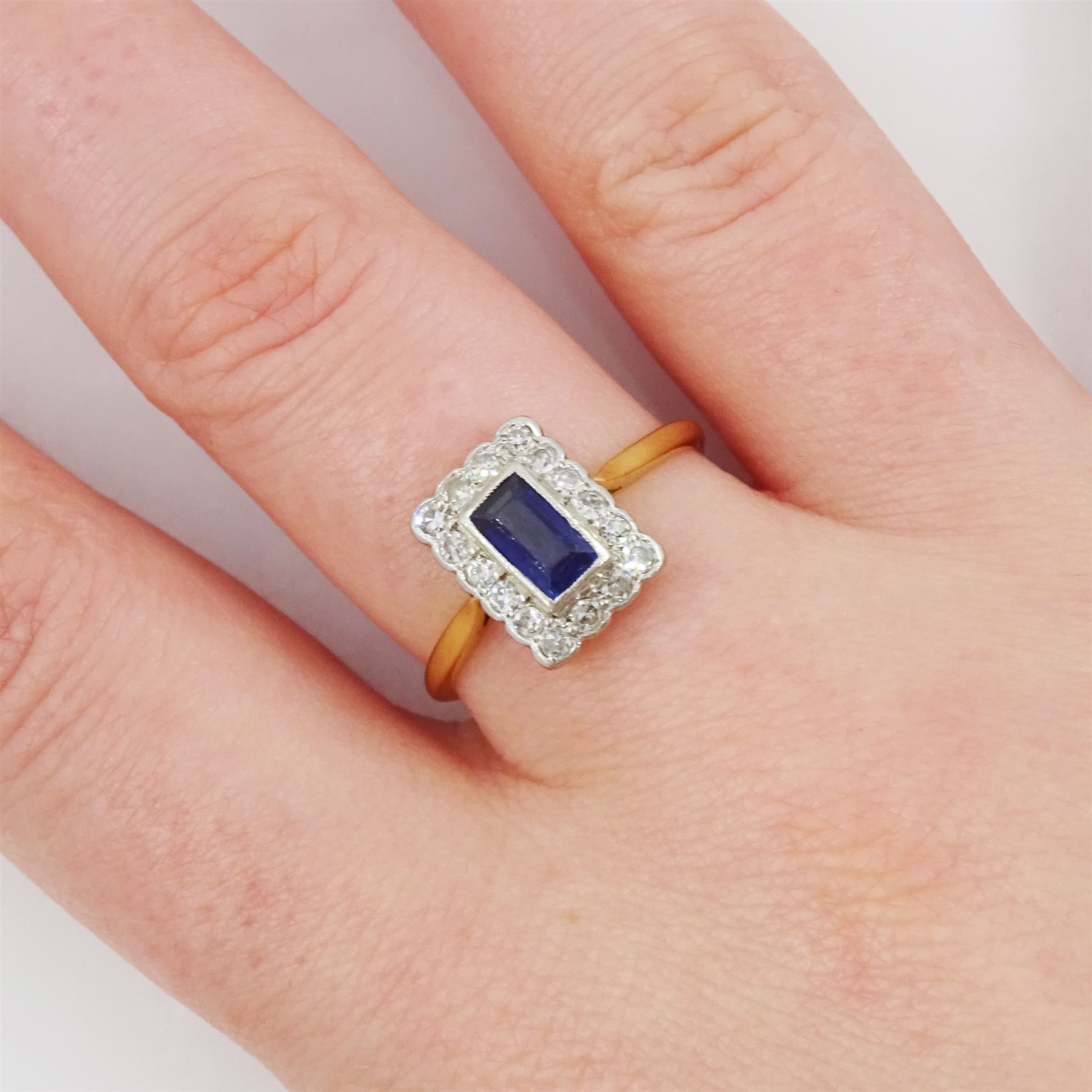 Art Deco gold baguette cut sapphire, old and single cut diamond cluster ring by Blanckensee & Son Ltd, stamped 18ct & PT, sapphire approx 0.60 carat, total diamond weight approx 0.15 carat