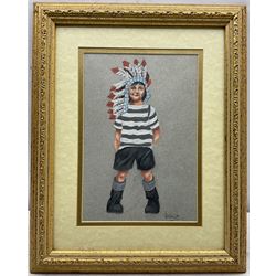 Brian Shields 'Braaq' (Northern British 1951-1997): Self Portrait as a Young Boy with Native American Headdress, pastel signed 24cm x 16cm