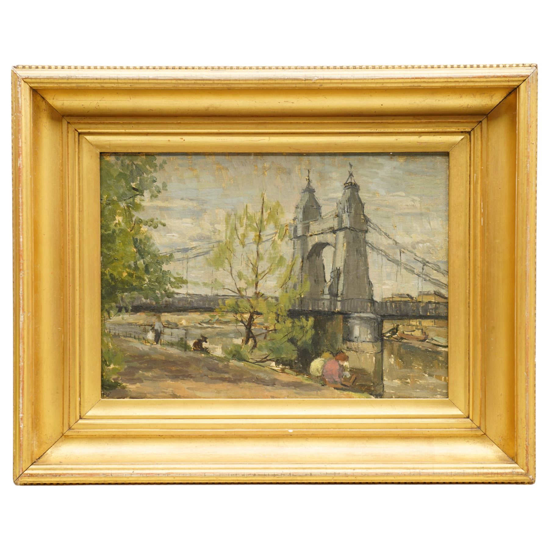 Mary William-Powlett (British Mid-20th century): Figures at Hammersmith Bridge - London, oil on board signed with monogram, inscribed and dated 1950 verso 25cm x 35cm