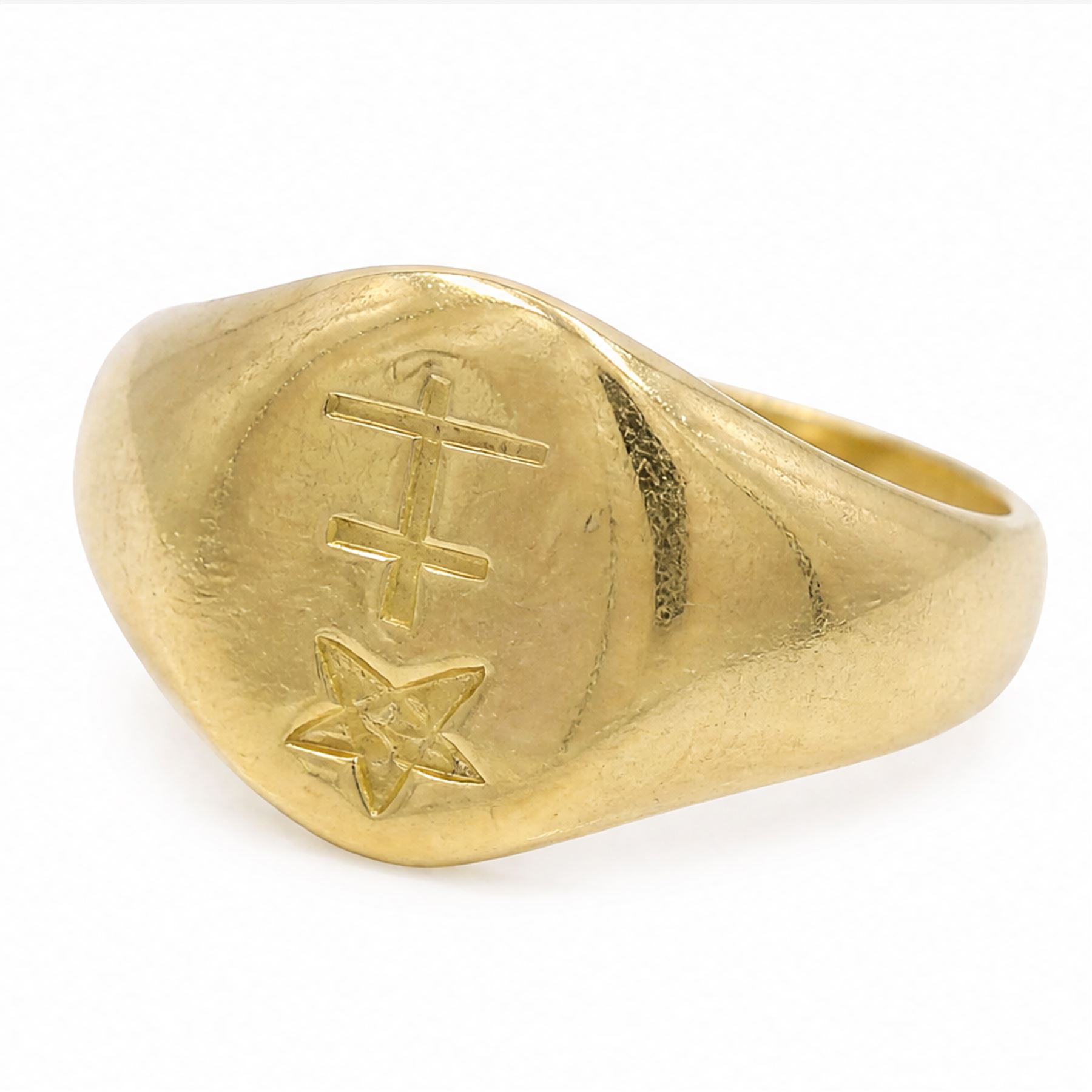 Early 20th century 18ct gold signet ring, possibly engraved with The Star of David and the Lorraine Cross, makers mark CG&S (probably Charles Green & Son)