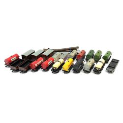 Hornby Dublo - twenty unboxed wagons including thirteen tank wagons for Power Petrol, Power Ethyl, United Dairies, Esso, Vacuum, Mobile, Shell and Royal Daylight, open and covered wagons, long bogey log carrier etc; together with two with two containers (22)