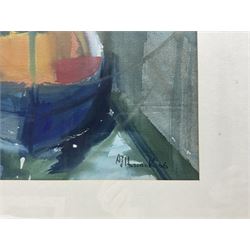 A J Hossack (British 20th Century): Moored Boats, gouache signed and dated '66, 34cm x 53cm  
