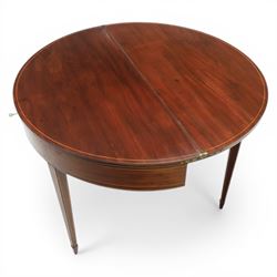 George III Scottish inlaid mahogany demi lune tea table, the curved fold over top opening to reveal a circular top with inlay to edge, above a frieze drawer with key, raised upon tapering inlaid legs with spade feet