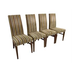 Set four high back chairs upholstered in striped fabric, on square tapered supports 