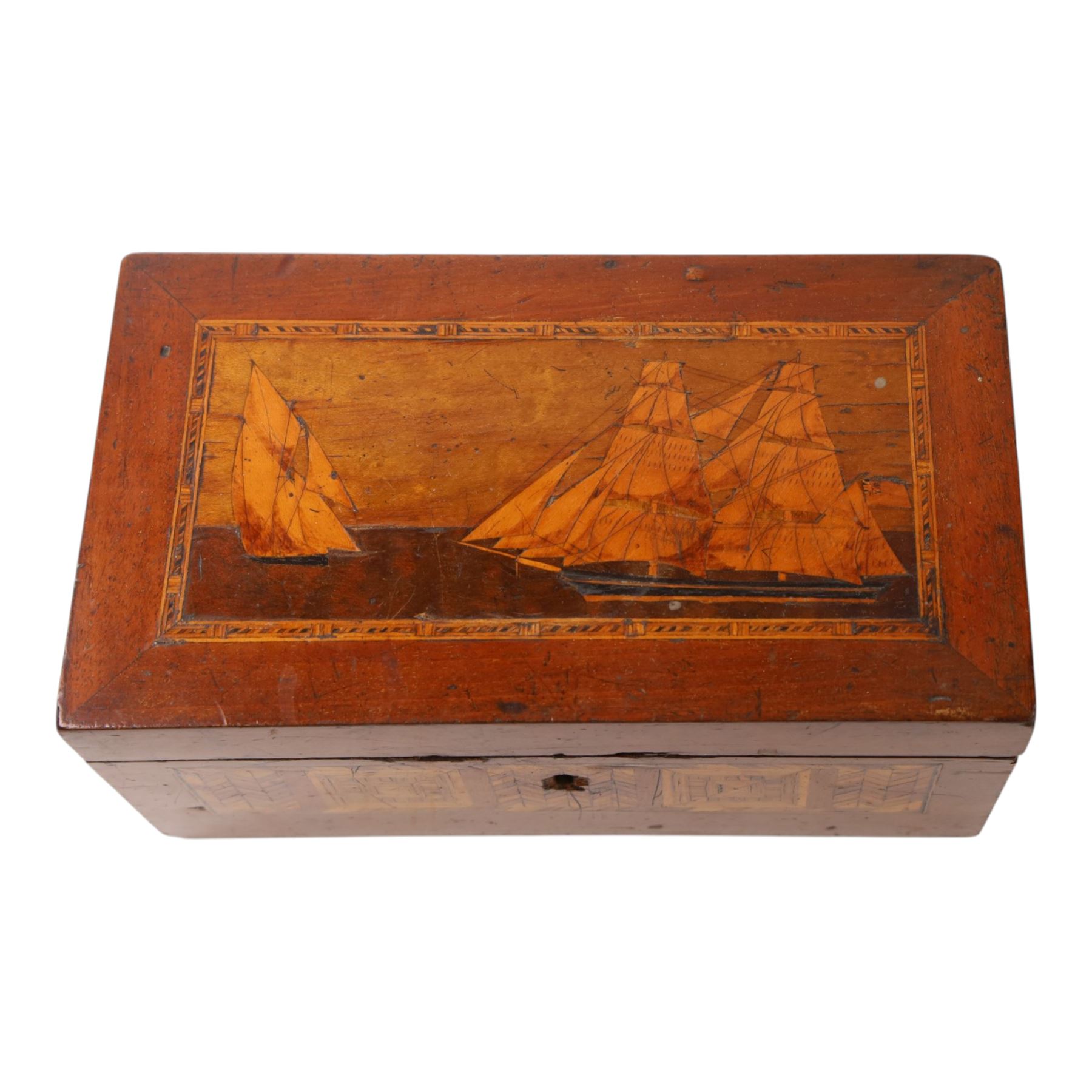 19th century satin wood marquetry inlaid correspondents box, the lid with inlaid three-masted sailing ship, opening to fitted compartments,  H1cm, L21cm, D12cm