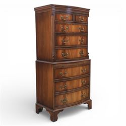 Reprodux - Georgian design mahogany serpentine chest-on-chest, top section with two over three drawer arrangement, flanked by chamfered edges, the lower fixed section, with slide above three drawers, raised on bracket feet  