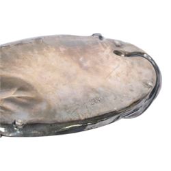 WMF Art Nouveau pewter tray, of oval from, with a female figure covered with a lily pad at one end, and snake with flowers and whiplash stems at other, signed and impressed marks beneath, H8cm, L25cm 
