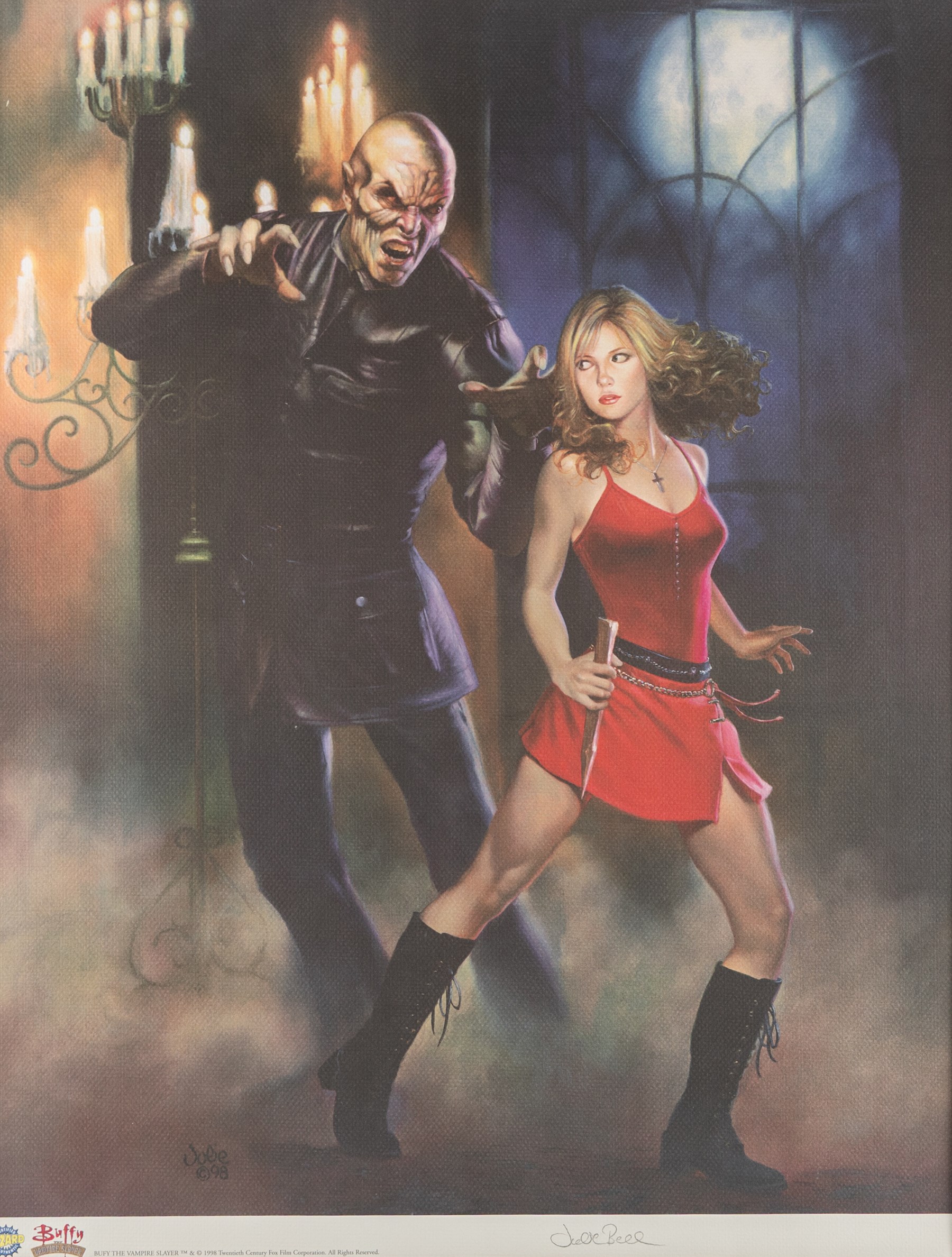 Signed Buffy the Vampire Slayer montage, comprising limited edition print signed by artist Julie Bell to the centre bordered by signed cast photographs to include Sarah Michelle Gellar, Anthony Head, Alyson Hannigan, David Boreanaz, James Marsters and Juliet Landau, in large presentation frame, frame H109cm, W126cm