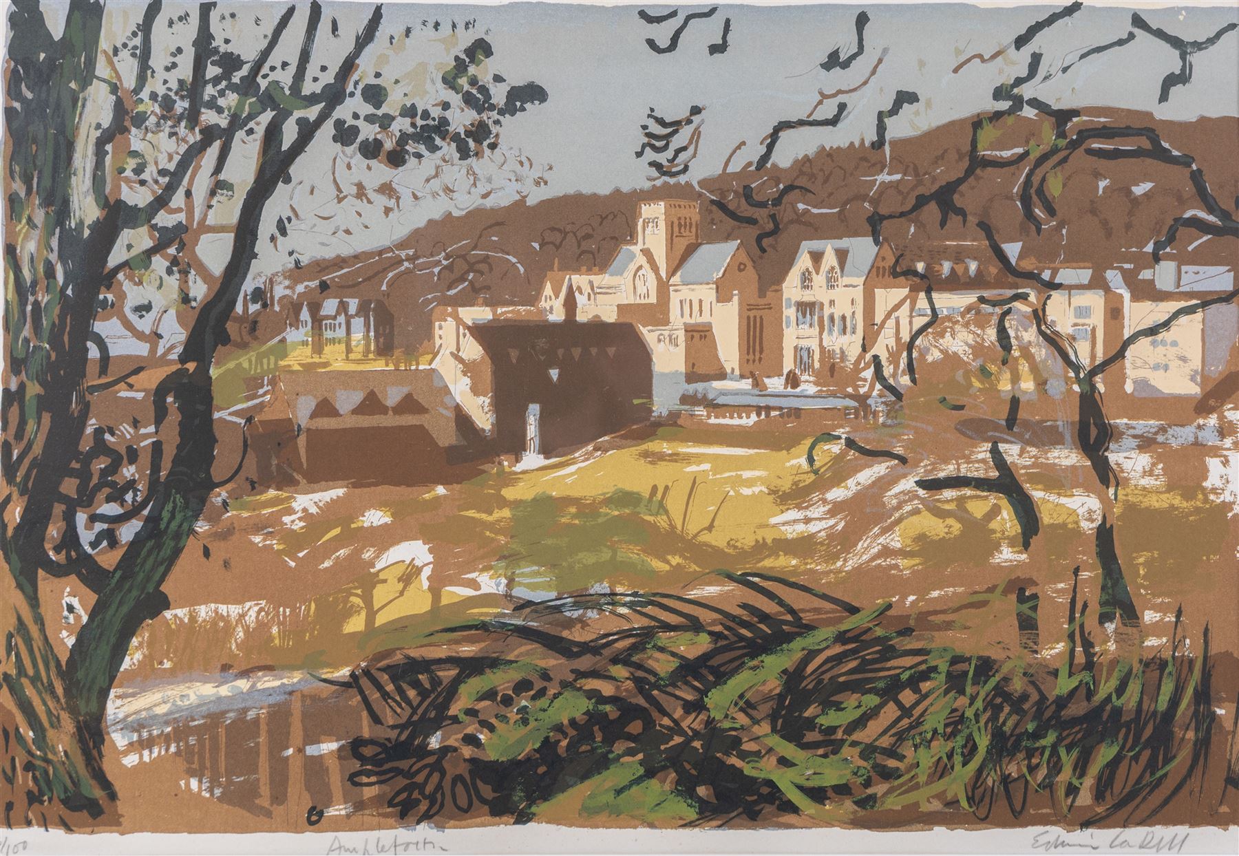 Edwin La Dell (British 1914-1970): 'Ampleforth' Yorkshire, limited edition colour lithograph signed titled and numbered 3/100 in pencil 38cm x 56cm