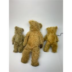 Three English teddy bears c1930s-50s comprising Chiltern wood wool filled Hugmee flat faced bear with swivel jointed head, vertically stitched nose and mouth and jointed limbs with rexine paw pads H12