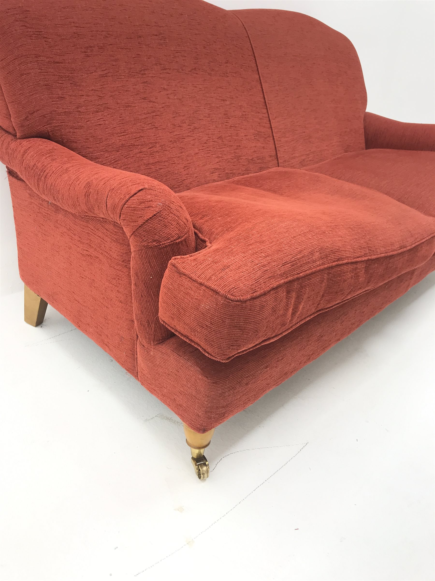 Laura Ashley Twickenham three seat sofa upholstered in a red fabric, turned supports (W188cm) and matching two seater (W160cm)