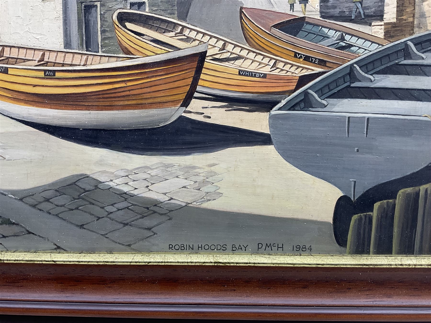 P McH**** (20th century): 'Robin Hoods Bay, oil on panel signed with initials titled and dated 1984, 39cm x 49cm