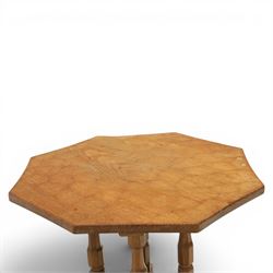 Yorkshire Oak octagonal occasional table, adzed top raised on four chamfered supports