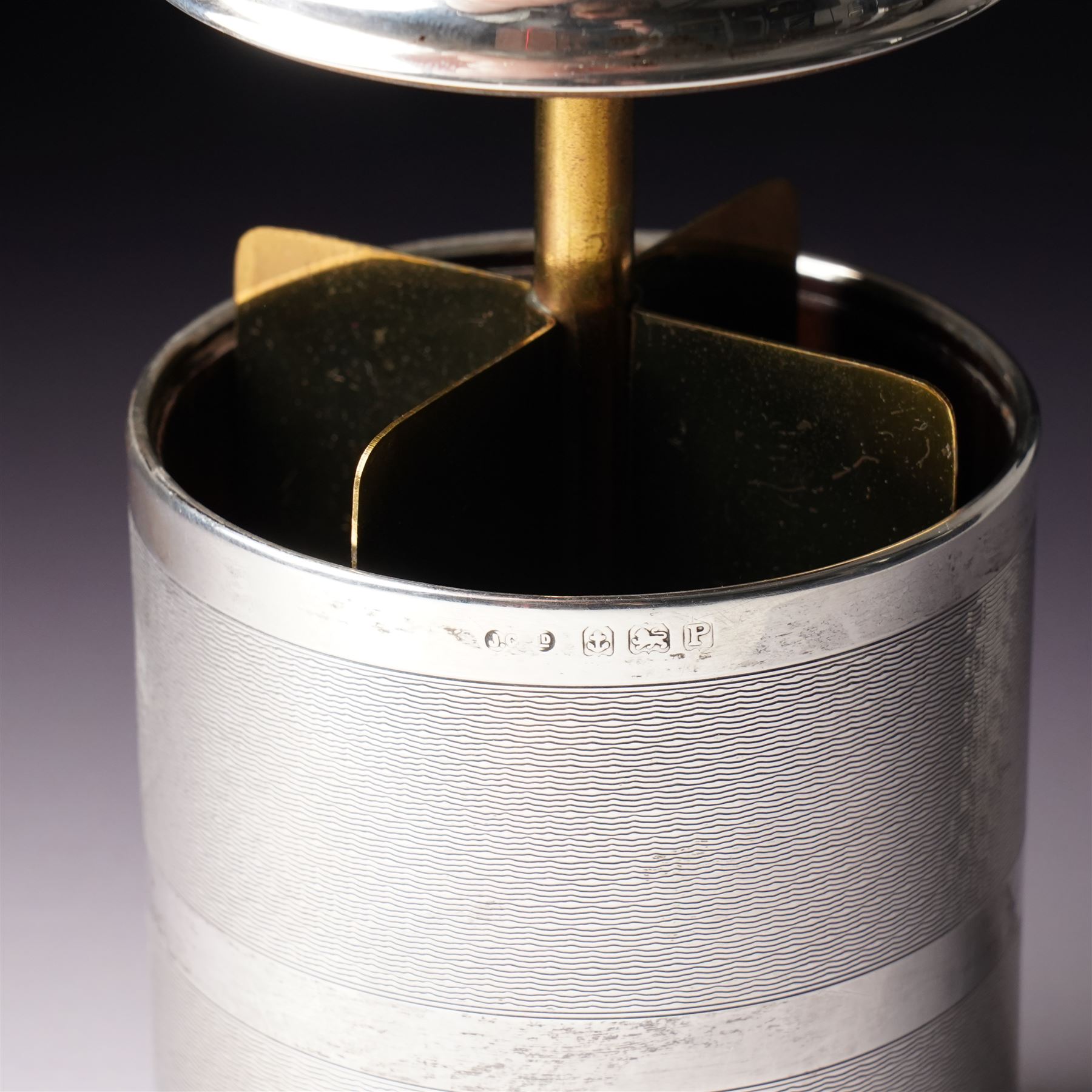 Silver cigarette dispenser with engine turned decoration, Bakelite base and divided interior H12cm Birmingham 1939 Maker Joseph Gloster Ltd