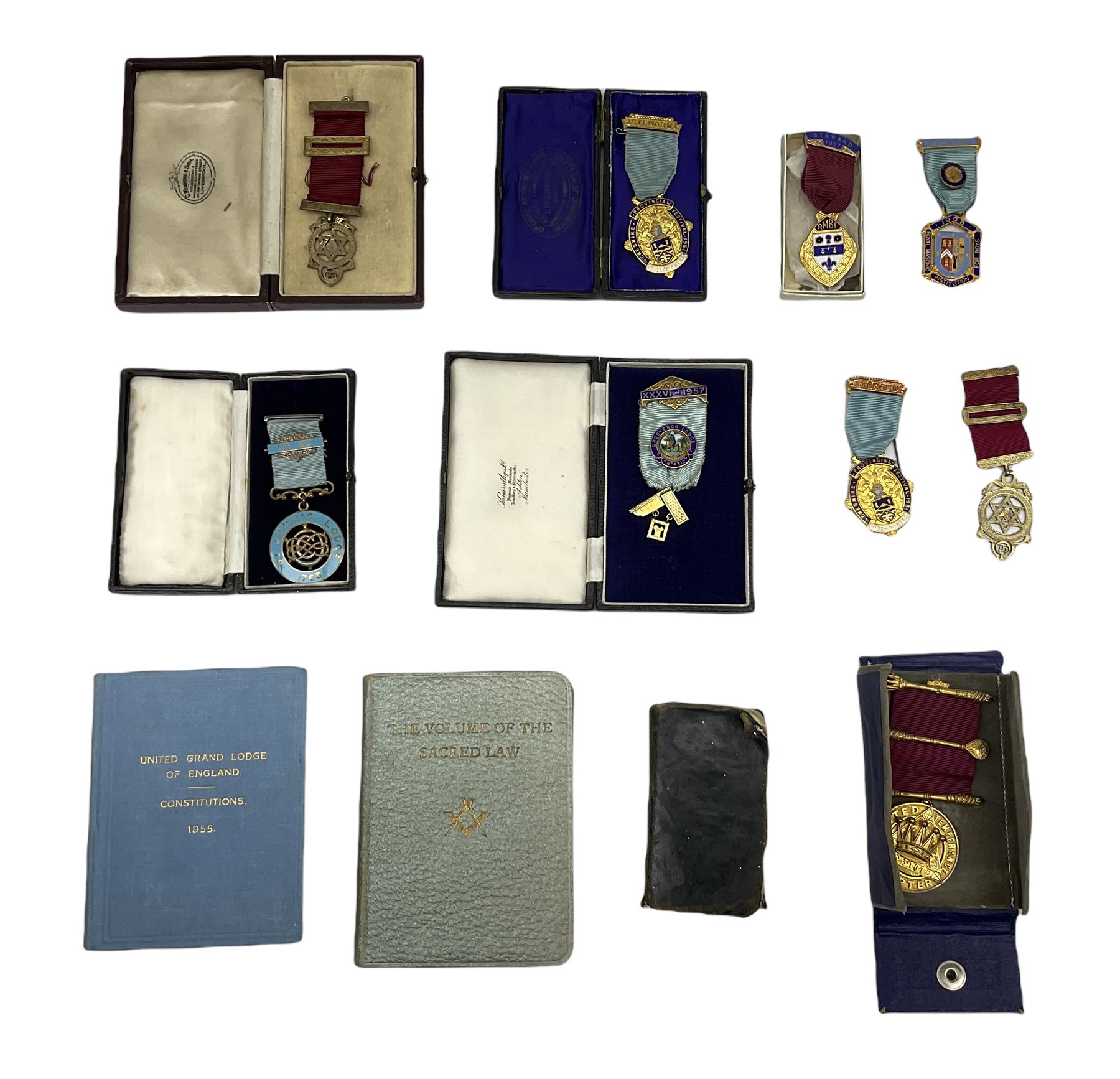 Group of predominantly Masonic Jewels of Office, to include silver, and silver gilt and enamel examples, mostly 1950's and 1960's in date, etc. 