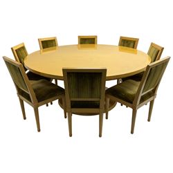 Contemporary beech and maple dining table, circular top on tapered cylindrical pedestal inlaid with rectangular panels, on circular base; together with set eight beech high back chairs upholstered in striped fabric, on turned supports 
