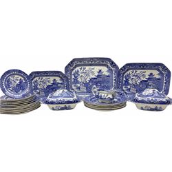 Burleighware part dinner service in Willow pattern, comprising of two covered vegetable dishes, a sauce boat, three serving platters, six dinner plates, seven side plates and seven dessert plates