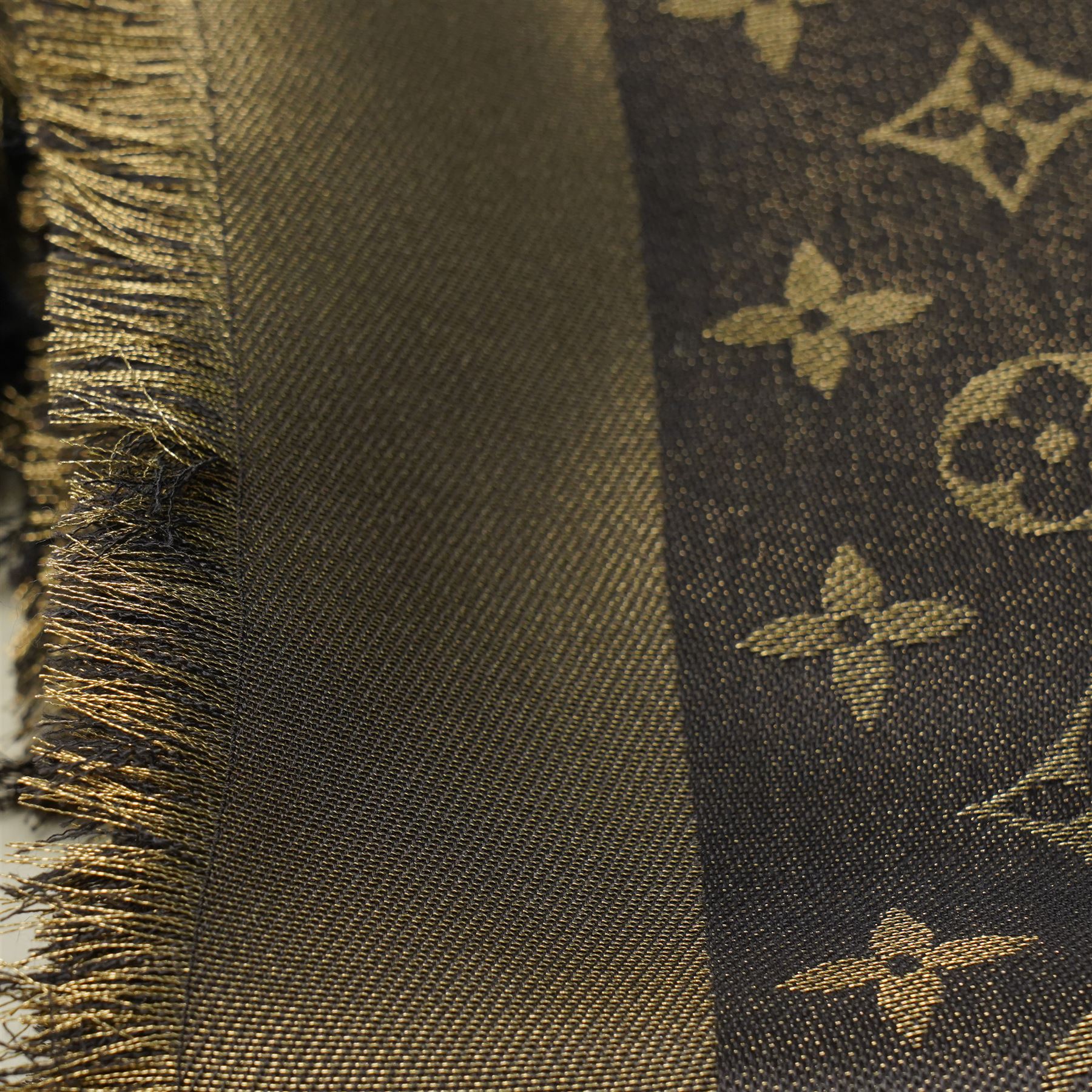 Louis Vuitton – a monogram silk and wool blend shawl in brown and gold, with fringe, 140cm x 140cm, unused with original box