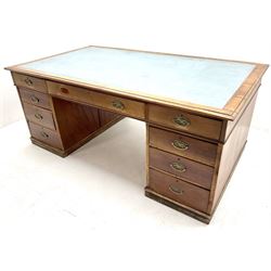19th century mahogany twin pedestal partners desk, leather inset top, eighteen graduating drawers, plinth base