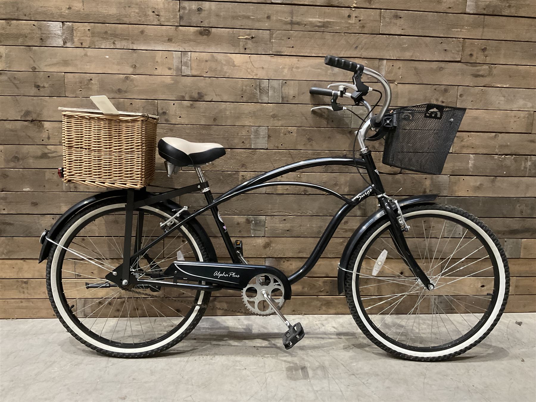 Alpha Plus Surge 26'' bicycle, black, with front and rear baskets