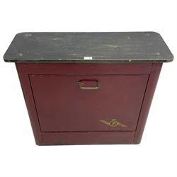 The Coronet Tool Co. Derby - early to mid-20th century maroon finish industrial metal workshop cabinet, fall front door enclosing a single shelf, fitted with brass handle