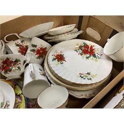Royal Albert Poinsettia pattern part tea service, including tea cups, mugs, dessert plates, cake plate, together with James Kent plates, Crown Staffordshire Vermouth ceramic decanter label, glassware etc, two boxes 