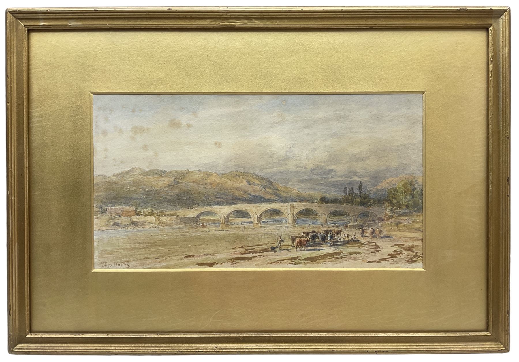 Thomas Danby (British 1818-1886): Herding Cattle by Bridge, watercolour signed 20cm x 37cm