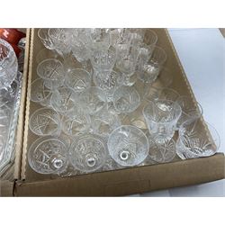Four boxes of glassware to include painted vases, jugs, drinking glasses, art glass vase etc