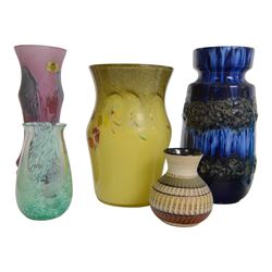 Strathearn glass vase, decorated with multiple swirls against a yellow ground, together with Rudolf Schrötter, blue glass Bullet vase and two other vases 