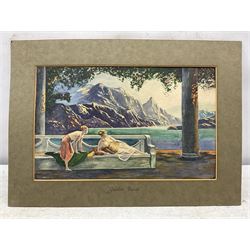 Art Deco School (Early 20th century): 'Golden Dawn' - Ladies in a Mountain Landscape, watercolour unsigned, titled on the original mount 22cm x 35cm (mounted)