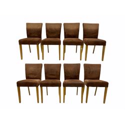 Set of eight dining chairs, light oak legs, brown suede upholstery
