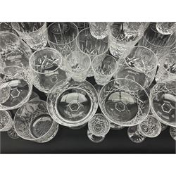 Set of Waterford Crystal Lismore pattern drinking glasses for six people, including hock glasses, goblets, champagne flutes,  sherry glasses, liqueur glasses, hi ball glasses, whisky glasses, brandy balloons, etc, all with etched maker's mark beneath  (62)