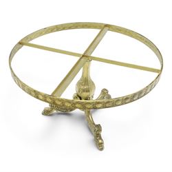 Victorian design marble topped gilt metal coffee table, circular cream and orange veined marble top with moulded edge, cast frieze with repeating roundel decoration, raised on a three scrolled supports 