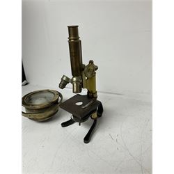 Early 20th century lacquered brass microscope stamped 'VOIGTLAENDER BRAUNSCHWEIG no 798' and Sestrel brass cased compass
