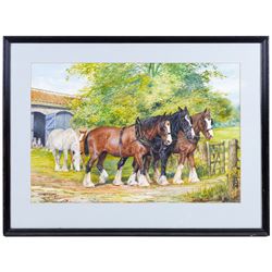 Dorothy Margaret Alderson (British 1900-1992) and Elizabeth Mary Alderson (British 1900-1988): Three Shire Horses, watercolour signed and dated 1977, 36cm x 54cm 