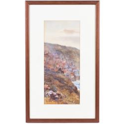 James Ulric Walmsley (British 1860-1954): View Towards Robin Hoods Bay, watercolour signed and dated 1909, 28cm x 12cm 