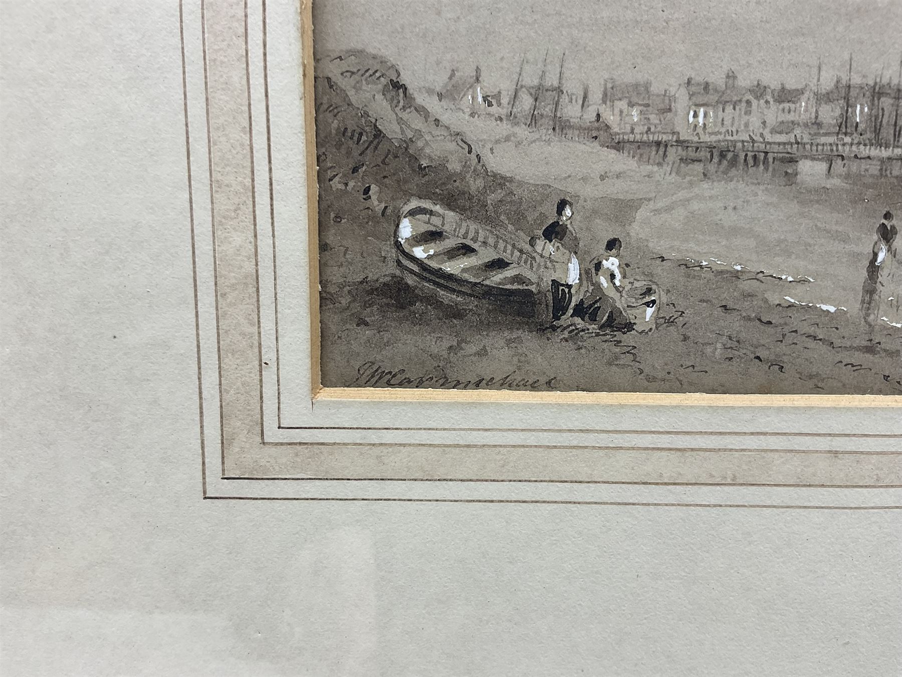 John Wilson Carmichael (British 1799-1868): Bridlington Harbour from the South, monochrome watercolour highlighted in white signed 12.5cm x 20cm 
Provenance: private East Yorkshire collection